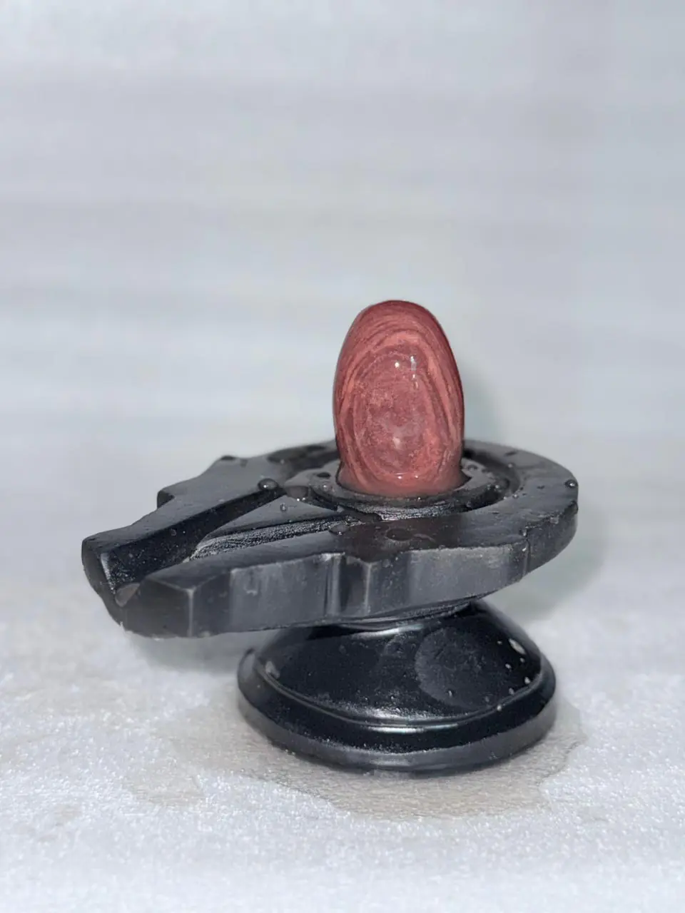2” Designer Pink Oval Narmadeshwar Shivling with 4” Black Jaladhari Base – Natural Ring Pattern Finish